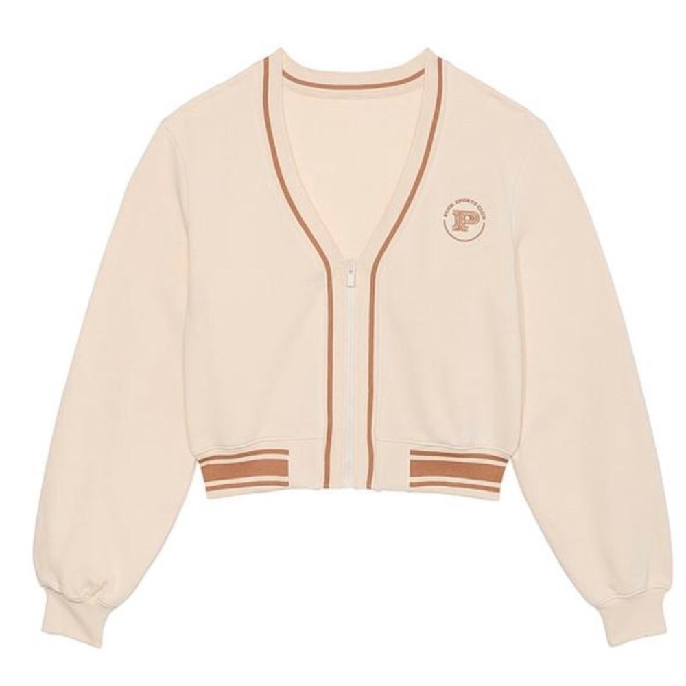 Victoria Secret Pink nwt Cream Zip-Front Bomber Jacket with Tan Contrast Trim - Picture 2 of 7